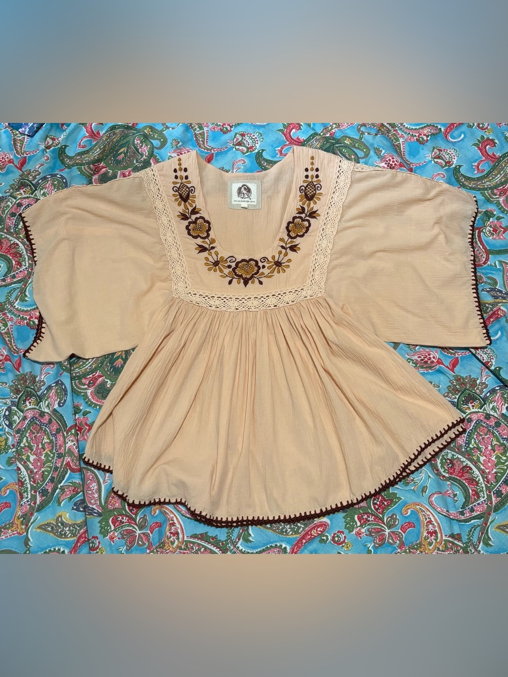 CHASING UNICORNS embroidered lace PEASANT BLOUSE boho peach brown SMALL